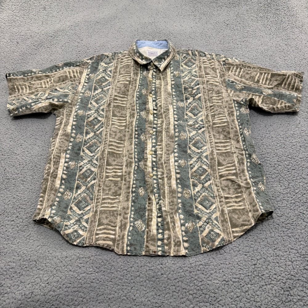 VTG Bugle Boy Company Shirt Mens XL Tribal Geometric Ramie Cotton Green Gray